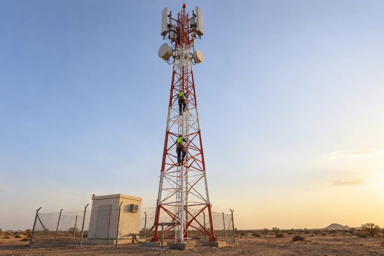 Technicians climbing a red-and-white lattice telecom mast beside an equipment shelter