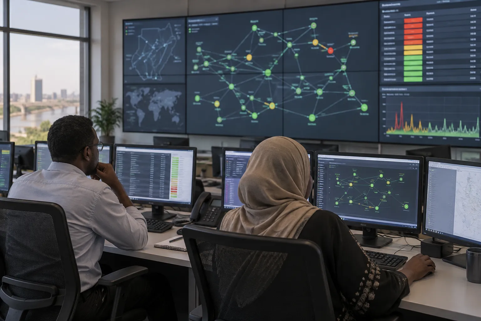 Engineers monitoring a network operations center video wall
