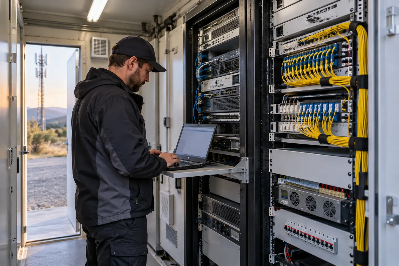 Technician with a laptop at network racks and a fiber patch panel inside an equipment shelter