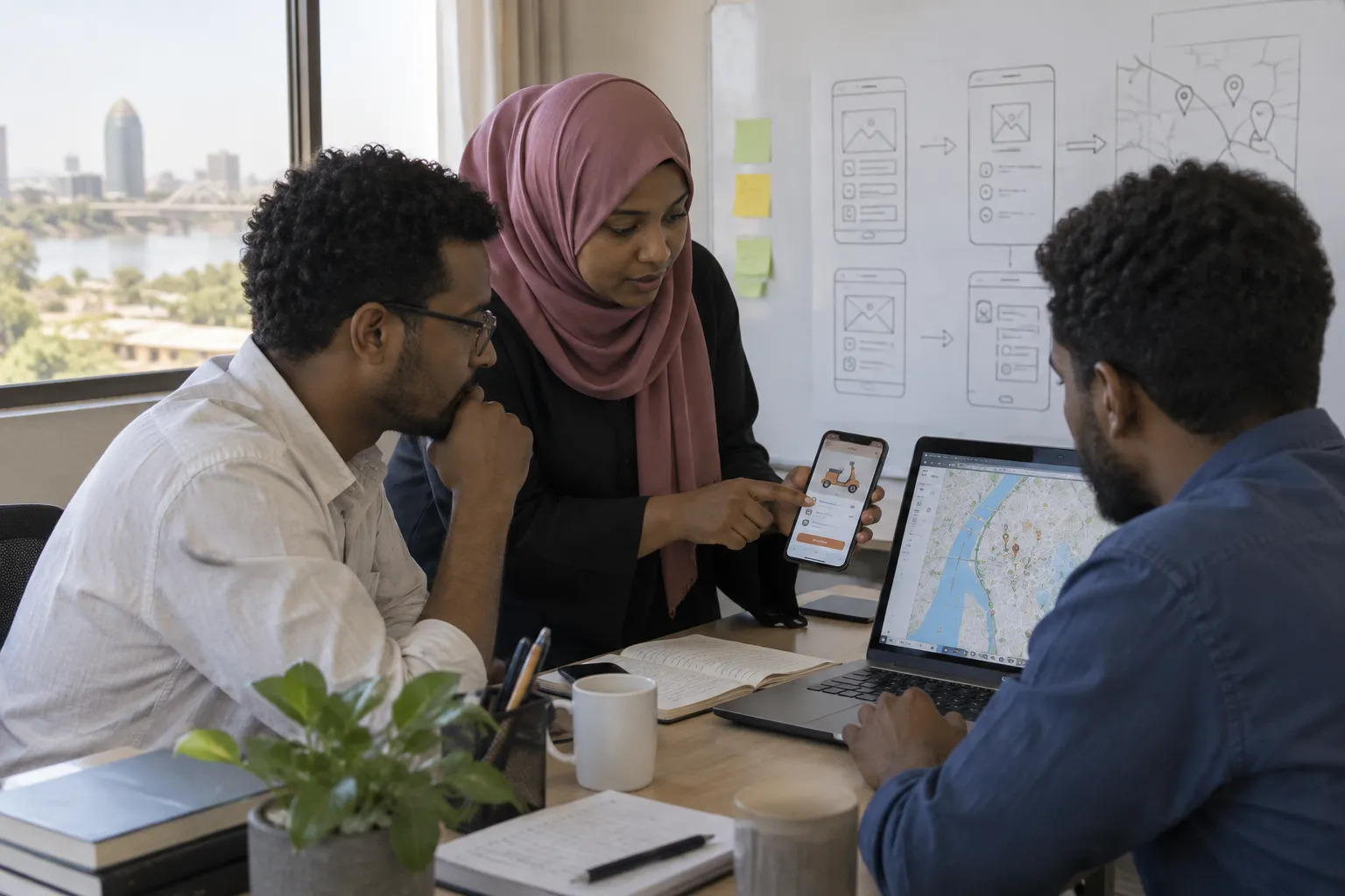 A software team reviewing a mobile app design and a GIS map